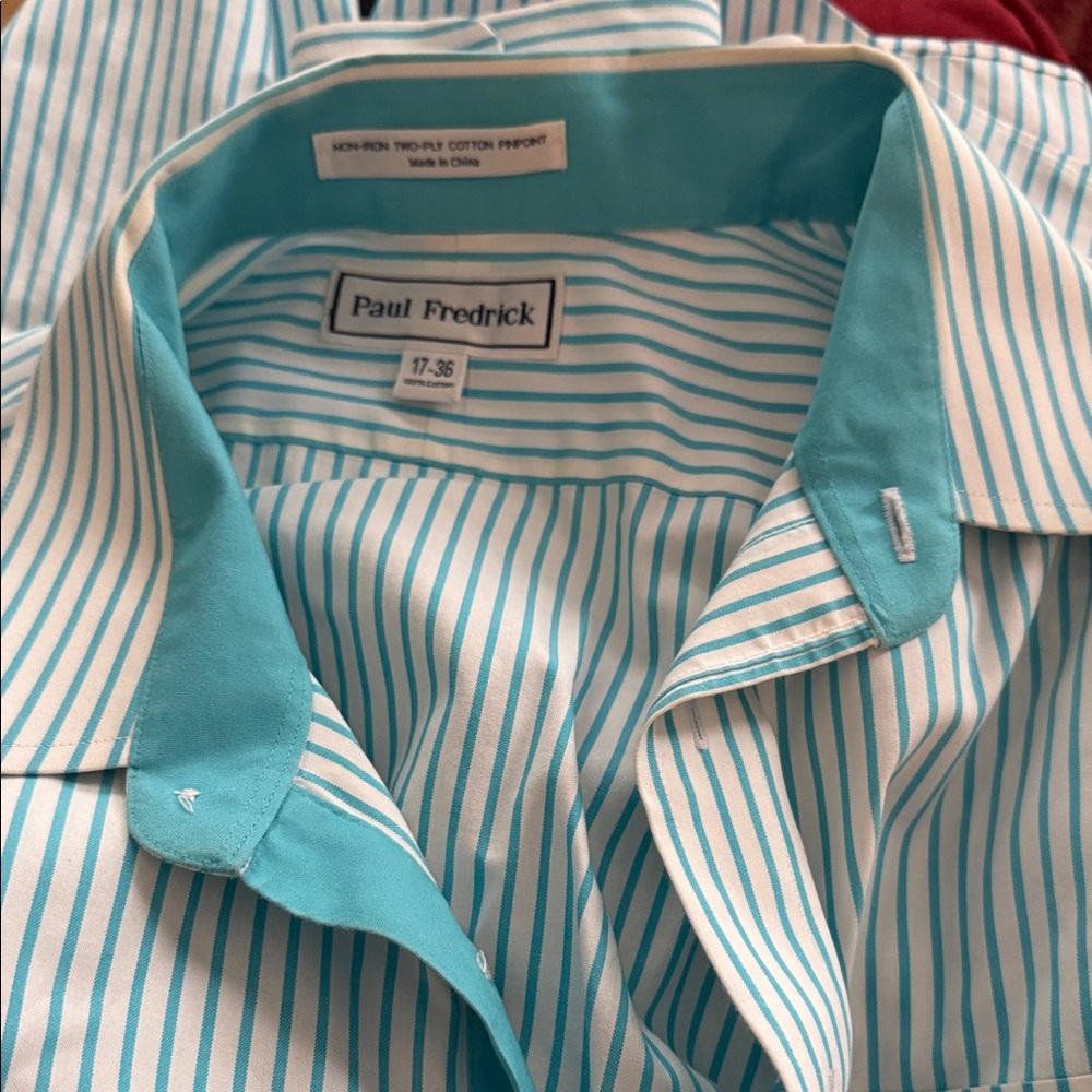 Paul Fredrick Men's Aqua and White Striped Dress Shirt